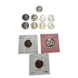 Mixed lot of old coins. It includes silver five-cent coins from the 1940s to the 1960s and two error pennies.