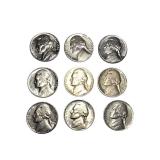 Mixed lot of old coins. It includes silver five-cent coins from the 1940s to the 1960s and two error pennies.