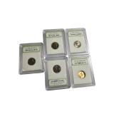 Five Exquisite Uncirculated Coins Encased in International Numismatic Bureau Holders