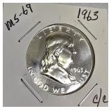 1963 Franklin Half Dollar, graded MS-69, C/C