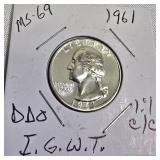 1961 George Washington Quarter - MS-69, DDO,  I.G.W.T ,C/C