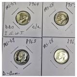 Lot of 4 Dimes: 1957, 1961, 1963, and 1964 with different grades and other defects. Please review below.