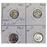 Lot of 4 Dimes: 1961 & 1963 with different grades and other defects. Please review below.