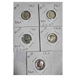 Lot of 5 Dimes: 1961, 1963 & 1964  with different grades and other defects. Please review below.