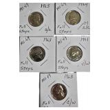 Lot of 5 Nickels: 1961, 1963  & 1964 with different grades and other defects. Please review below.
