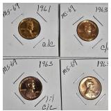 Lot of 4 Pennies: 1961 & 1963 with different grades and other defects. Please review below.