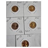 Lot of 5 Pennies: 1961, 1963 & 1964  with different grades and other defects. Please review below.