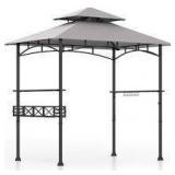 8 ft. x 5 ft. Gray Outdoor BBQ Barbecue Grill Metal Frame Tent Gazebo with 2 Side Shelves and 10 Hooks