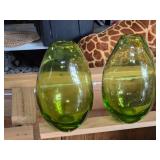 Lot of (2) Handblown Art Glass Table Vases by Holmegaard 6" x 12" (green) (rounded triangle)