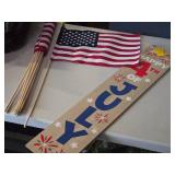 Lot of (10) U.S.A. Flag on Wood Stick and 4th of July Wooden Hanging Sign 7"x35"