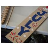 Lot of (10) U.S.A. Flag on Wood Stick and 4th of July Wooden Hanging Sign 7"x35"