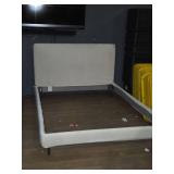 Queen Size Bed Frame - Padded White Cloth Covered Wood Frame and Headboard with Metal Base