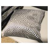 17" Covered Throw Pillow with Velvet Greek Key Cut design (grey/gold)