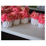 Lot of (5) Silk Faux Rose Boquet Arrangement in White Ceramic Vase (pink)
