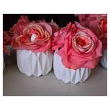 Lot of (5) Silk Faux Rose Boquet Arrangement in White Ceramic Vase (pink)