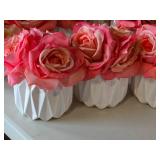 Lot of (5) Silk Faux Rose Boquet Arrangement in White Ceramic Vase (pink)