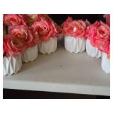 Lot of (6) Silk Faux Rose Boquet Arrangement in White Ceramic Vase (pink)