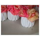 Lot of (6) Silk Faux Rose Boquet Arrangement in White Ceramic Vase (pink)