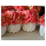 Lot of (6) Silk Faux Rose Boquet Arrangement in White Ceramic Vase (pink)