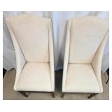 Pair of Beige Upholstered Dining Chairs with Dark Wood Legs & Nailhead Trim