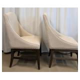 Pair of Beige Upholstered Dining Chairs with Dark Wood Legs & Nailhead Trim