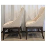Pair of Beige Upholstered Dining Chairs with Dark Wood Legs & Nailhead Trim