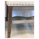 Pair of Beige Upholstered Dining Chairs with Dark Wood Legs & Nailhead Trim