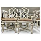 Set of 6 Vintage White Dining Chairs with Carved Backs & Brown Upholstered Seats