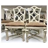 Set of 6 Vintage White Dining Chairs with Carved Backs & Brown Upholstered Seats