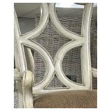 Set of 6 Vintage White Dining Chairs with Carved Backs & Brown Upholstered Seats