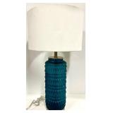 Teal Glass Table Lamp - Diamond-Pattern Base & White Drum Shade