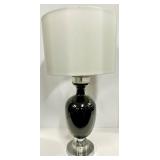 Table Lamp Black Glass Base with Chrome Harp & White Fabric Shade