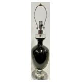 Table Lamp Black Glass Base with Chrome Harp & White Fabric Shade