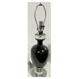 Table Lamp Black Glass Base with Chrome Harp & White Fabric Shade