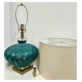 Turquoise Textured Glass Table Lamp - Brass Base & Beige Drum Shade - #1