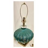 Turquoise Textured Glass Table Lamp - Brass Base & Beige Drum Shade - #1