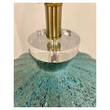 Turquoise Textured Glass Table Lamp - Brass Base & Beige Drum Shade - #1