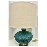 Turquoise Textured Glass Table Lamp - Brass Base & Beige Drum Shade - #2