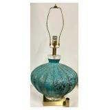 Turquoise Textured Glass Table Lamp - Brass Base & Beige Drum Shade - #2