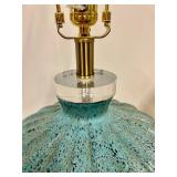 Turquoise Textured Glass Table Lamp - Brass Base & Beige Drum Shade - #2