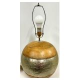 Wooden Sphere Lamp with Foil-Wrapped Base & Beige Drum Shade - #1