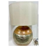 Wooden Sphere Lamp with Foil-Wrapped Base & Beige Drum Shade - #2