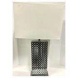 Lattice-Grid Chrome Table Lamp - Rectangular Cream Shade