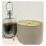 Mid-Century Ribbed Glass Table Lamp - Gray Linen Drum Shade & Chrome Harp