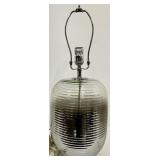 Mid-Century Ribbed Glass Table Lamp - Gray Linen Drum Shade & Chrome Harp