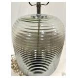 Mid-Century Ribbed Glass Table Lamp - Gray Linen Drum Shade & Chrome Harp