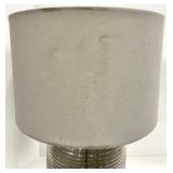 Mid-Century Ribbed Glass Table Lamp - Gray Linen Drum Shade & Chrome Harp