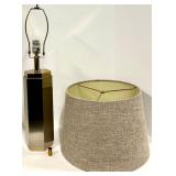 Modern Hexagonal Chrome Table Lamp & Gray Linen Drum Shade