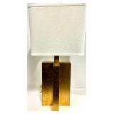 Mid-Century Modern Block Table Lamp with White Shade & Brass Accents