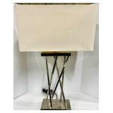 Chrome Criss-Cross Table Lamp with Beige Linen Shade